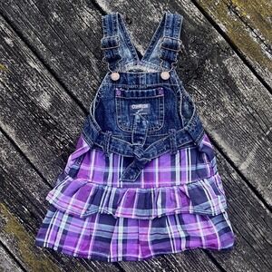 OshKosh B'gosh Overall Dress Kids 18 Months Purple Plaid Denim EUC